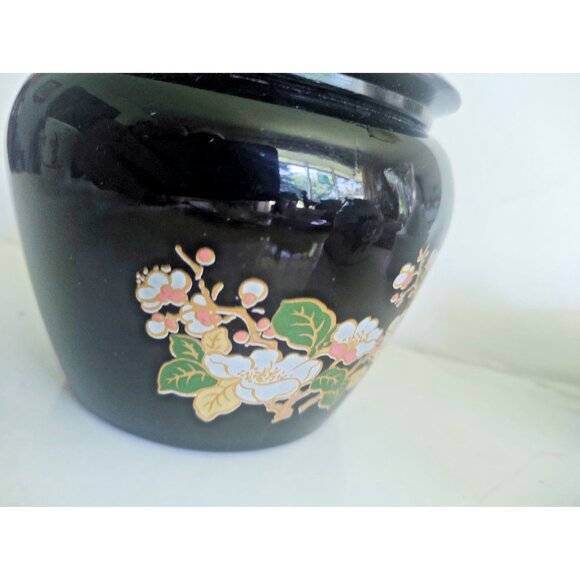 Vintage Avon Black Porcelain Lidded Ginger Jar Floral 6" tall - Picture 3 of 10
